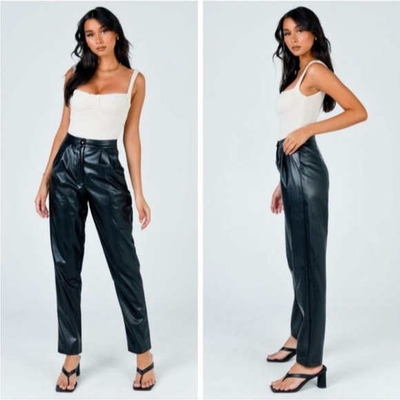 Princess Polly Love Club Black Faux Vegan Leather Straight Pants Size 4 - Picture 2 of 12